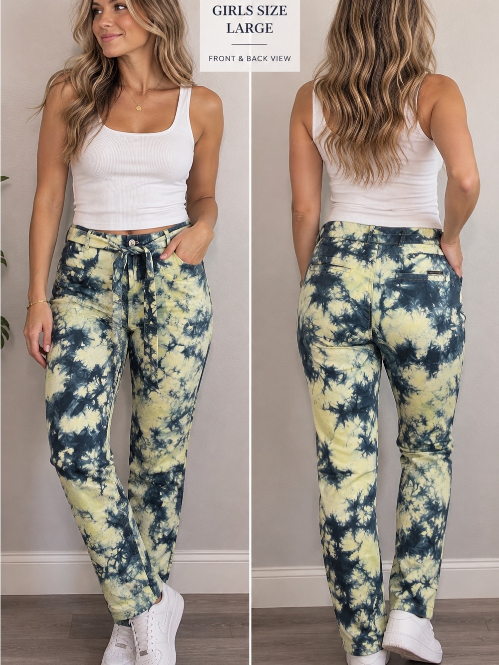 Scotch & Soda Yellow and Blue Cotton/Linen Tie-Dye Pants with Tie Belt